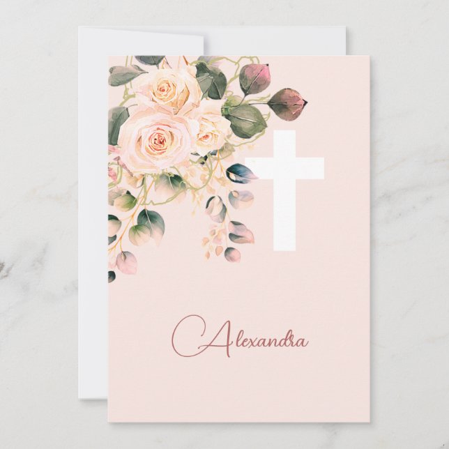 Invitación Rosas de la comunión sagrada cruz religiosa rosa s (Anverso)