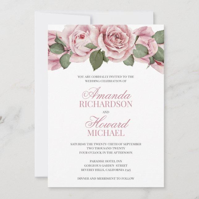 Invitación Rosas de la cosecha rosada y turbia boda rústico (Anverso)