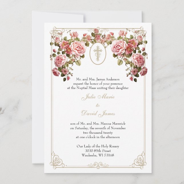 Invitación Rosas de la Cruz de Oro Boda Religioso Católico (Anverso)