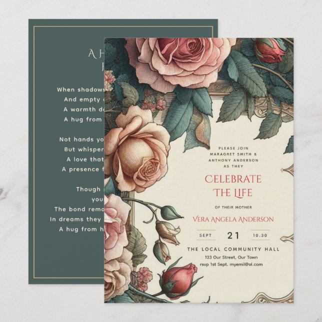 Invitación Rosas de la época celebran poema conmemorativo (Anverso / Reverso)