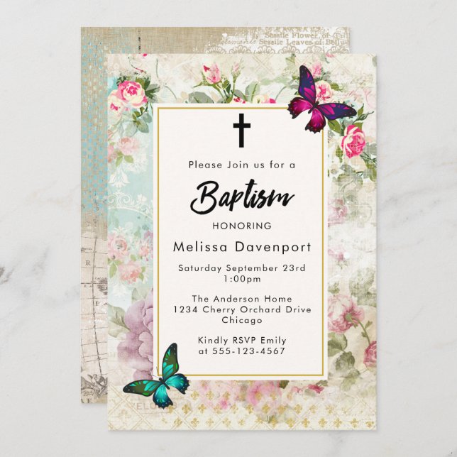 Invitación Rosas de la época y bautismo de mariposas invitan (Anverso / Reverso)