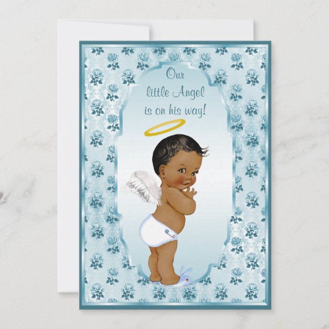 Invitación Rosas de la etnia Little Boy Angel Blue Baby Showe (Anverso)