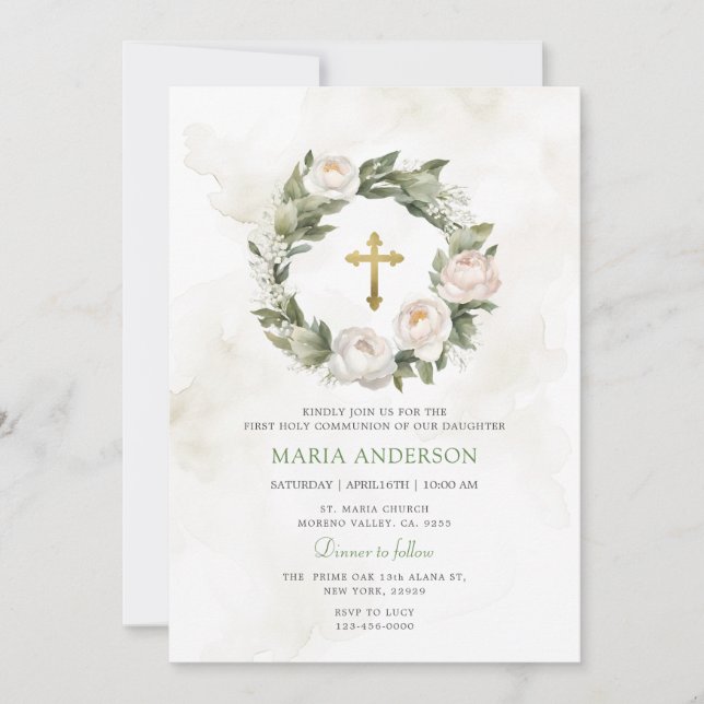 Invitación Rosas de la guerra verde primera comunión sagrada (Anverso)