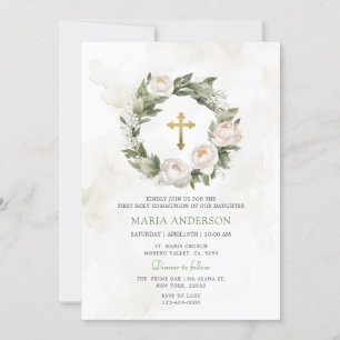 Invitación Rosas de la guerra verde primera comunión sagrada