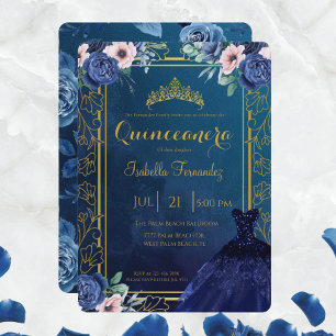 Invitación Rosas de la Marina Azul Real vestidos de Purpurina