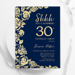 Invitación Rosas de la Marina Blue Gold sorprenden a los 30 a<br><div class="desc">Invitación a la fiesta de cumpleaños número 30 de la floral de oro azul marino. Diseño elegante con rosas, Relieve metalizado de oro falso y tipografía tipo guión. La carta de invitación a la moda es perfecta para una elegante celebración de cumpleaños femenina. Se puede personalizar a cualquier edad. Invitaciones...</div>