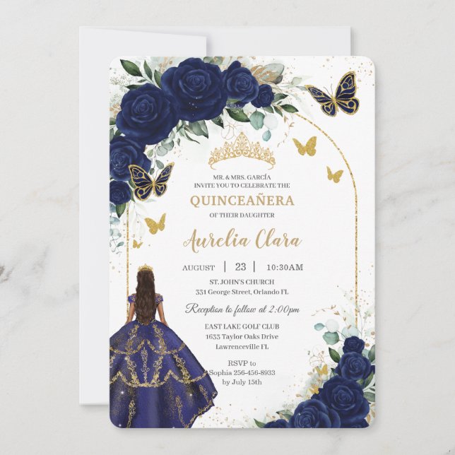 Invitación Rosas de la Marina de Quinceañera Floral Princess  (Anverso)