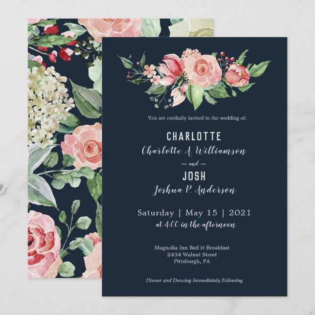 Invitación Rosas de la Marina de Rubor de la granja Boho Boda (Anverso / Reverso)