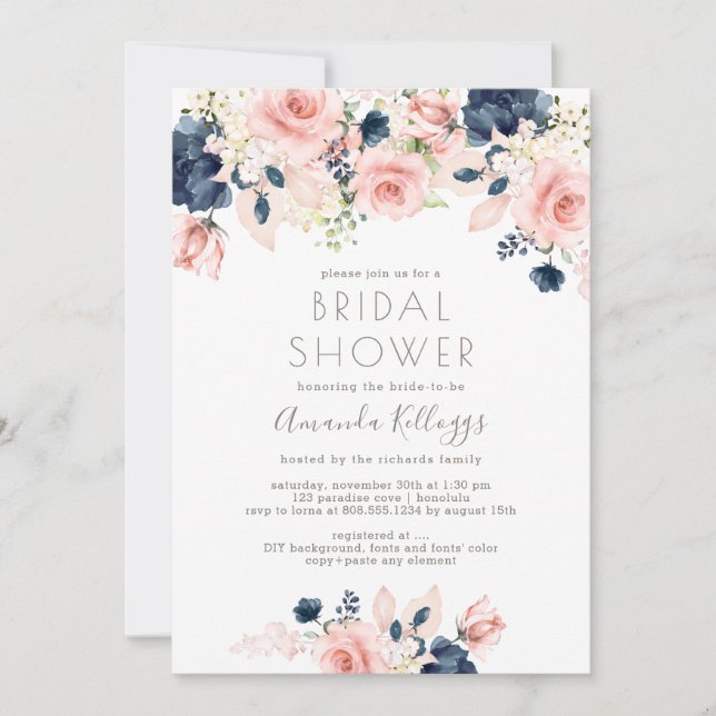 Invitación Rosas de la Marina PixDezines Bridal Shower (Anverso)