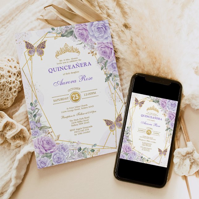 Invitación Rosas de la mariposa de la Quinceañera de oro mora (Subido por el creador)