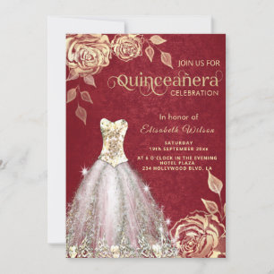 Invitación Rosas de la moda Roja Oro vestidos de moda Quincea