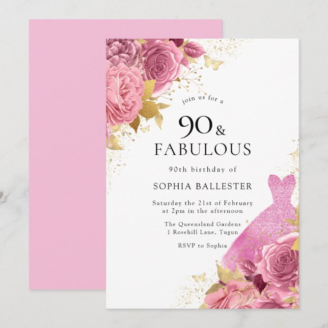 Invitación Rosas de la Noche de Oro Rosado Vestidos Nocheviej (Anverso / Reverso)