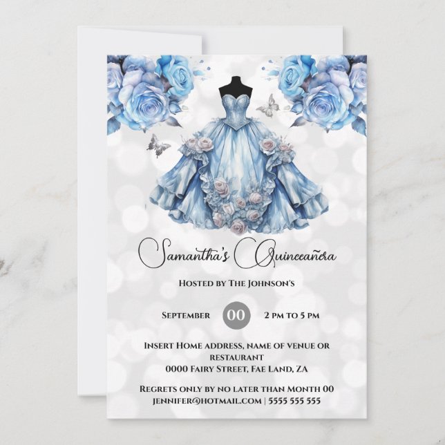 Invitación Rosas de la princesa azul Quinceañera Fantasmas (Anverso)