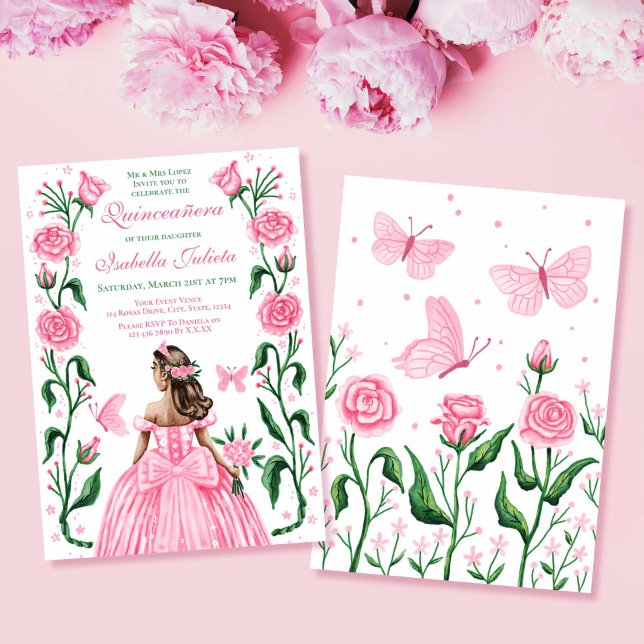 Invitación Rosas de la Princesa de Quinceanera Mariposa Rubor (Quinceanera Princess Roses Butterfly Blush Pink Invitation)