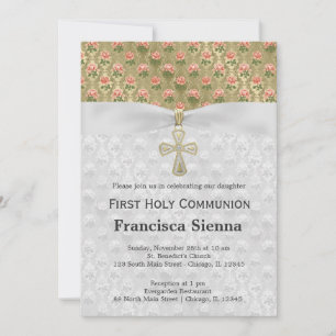 Invitación Rosas de la Santa Comunión sobre oro antiguo