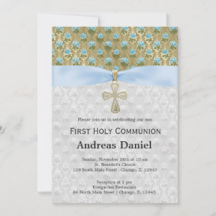 Invitación Rosas de la Santa Comunión sobre oro antiguo (azul