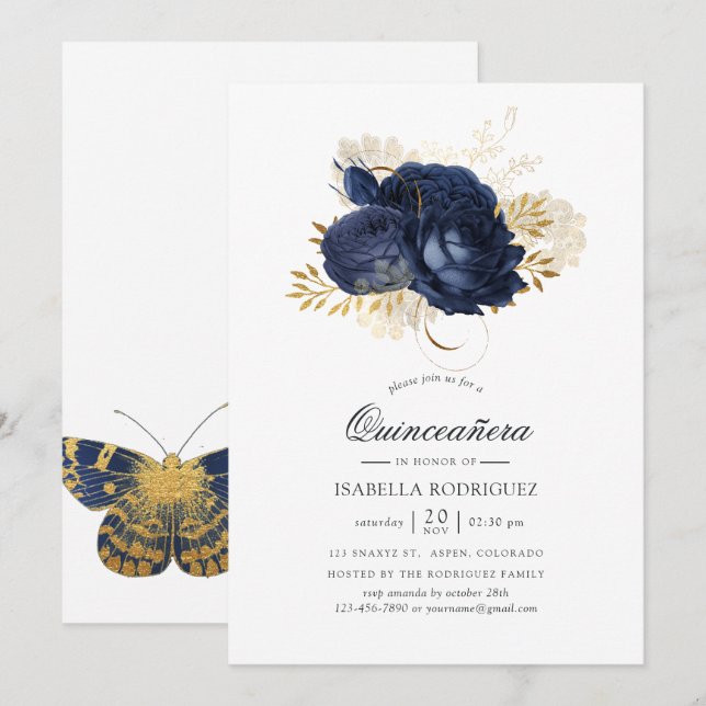 Invitación Rosas de la Shabby Naval Azul y Oro Quinceañera (Anverso / Reverso)