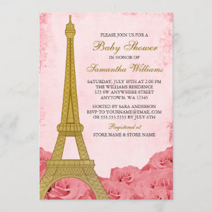 Invitación Rosas de la Torre Eiffel de París Baby Shower Oro 