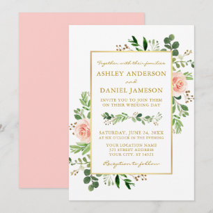 Invitación Rosas de la vegetación acuarela Oro Boda Rubor ros