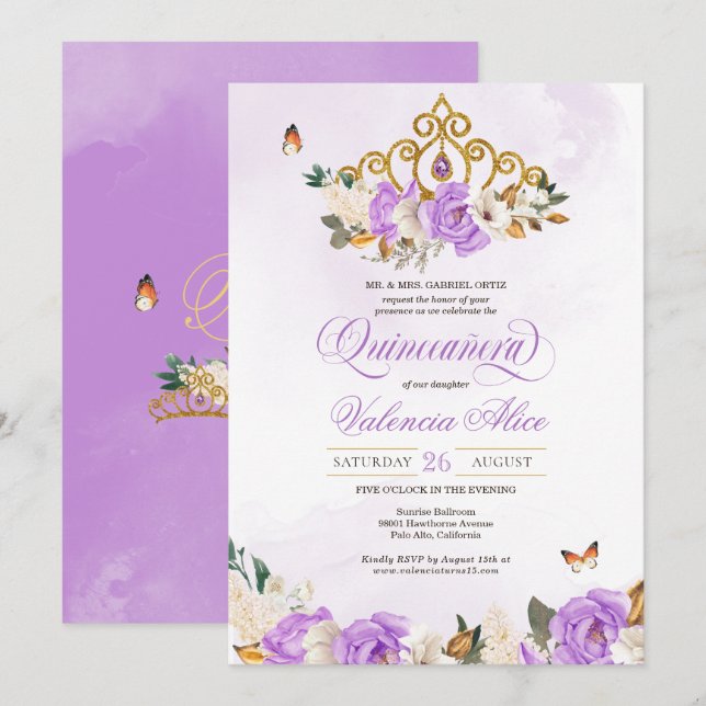 Invitación Rosas de Lavanda Gold Tiara Purple Butterfly Quinc (Anverso / Reverso)