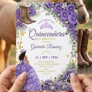 Invitación Rosas de lavanda occidentales Quinceañera dorada d