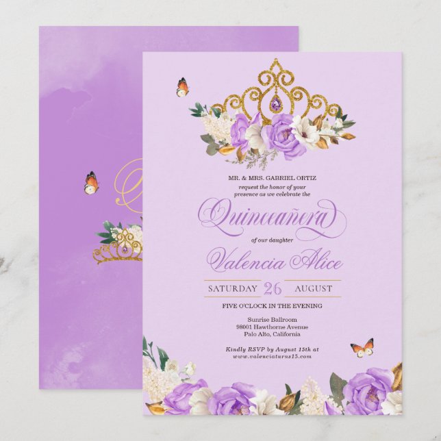 Invitación Rosas de Lavanda Princesa de Oro Mariposa Quinceañ (Anverso / Reverso)