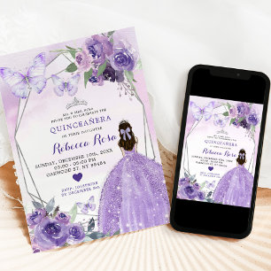 Invitación Rosas de Lavanda Princesa Quinceañera Mariposa