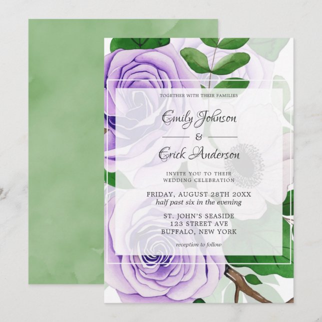 Invitación Rosas de Lavanda Púrpura Boda de acuarela Verde (Anverso / Reverso)