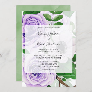 Invitación Rosas de Lavanda Púrpura Boda de acuarela Verde