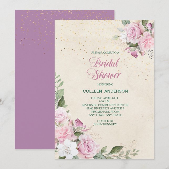 Invitación Rosas de lavanda rosa ducha de novia (Anverso / Reverso)