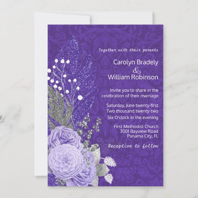 Invitación Rosas de Lavender en la boda de Damasco Morado (Anverso)