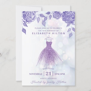Invitación Rosas de Lilac vestido moderno Purpurina dulce die