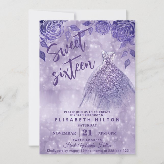 Invitación Rosas de Lilac vestido moderno Purpurina dulce die (Anverso)
