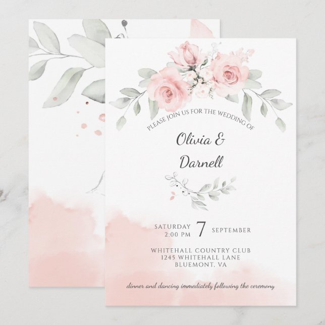Invitación Rosas de los Bliss rosados y Boda de la vegetación (Anverso / Reverso)