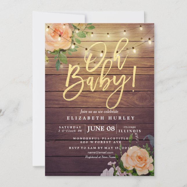 Invitación Rosas de Madera Rusa Floral String Light Baby Show (Anverso)
