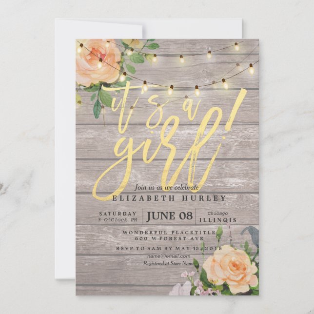 Invitación Rosas de Madera Rusa Floral String Light Baby Show (Anverso)