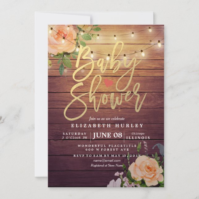 Invitación Rosas de Madera Rusa Floral String Light Baby Show (Anverso)