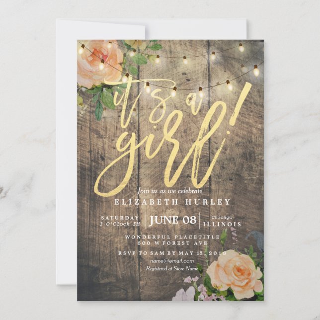 Invitación Rosas de Madera Rusa Floral String Light Baby Show (Anverso)