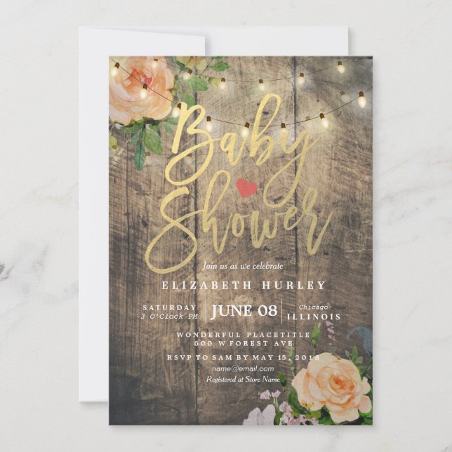 Invitación Rosas de Madera Rusa Floral String Light Baby Show (Anverso)