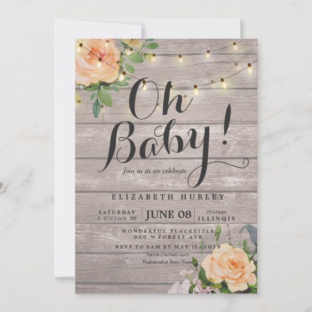Invitación Rosas de Madera Rusa Floral String Light Baby Show (Anverso)