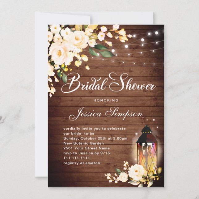 Invitación Rosas de madera y Rubor Lantern Bridal Shower (Anverso)