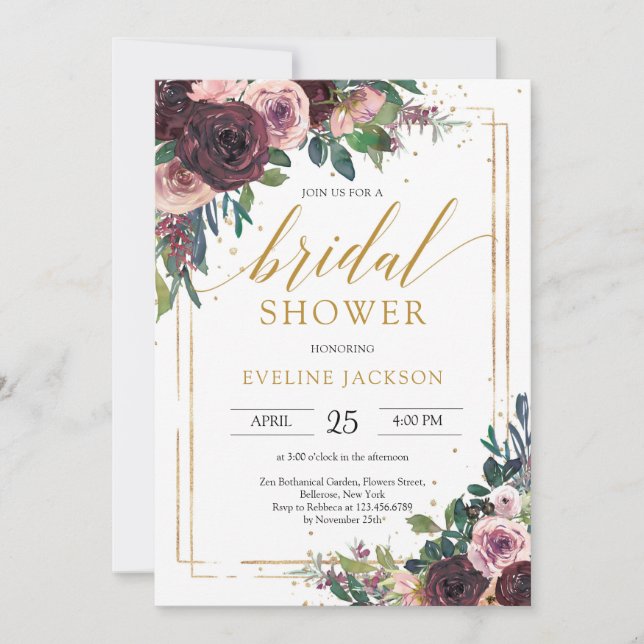 Invitación Rosas de malva roja profunda rosado polvoriento or (Anverso)
