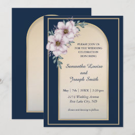 Invitación Rosas de marco dorado elegante moderno azul marino