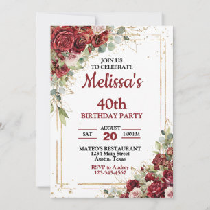 Invitación Rosas de marco dorado y rojo intenso Cumpleaños cu
