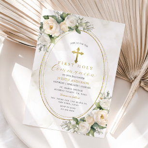 Invitación Rosas de Marfil Blancos Primera Comunión Santa