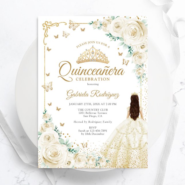 Invitación Rosas de marfil de champán Gold Quinceanera (Subido por el creador)