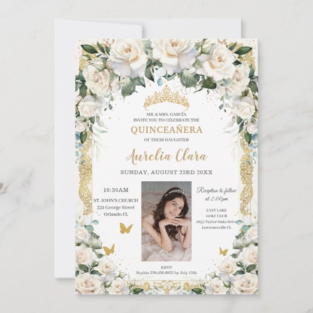 Invitación Rosas de marfil de la Princesa Quinceañera Champag (Anverso)