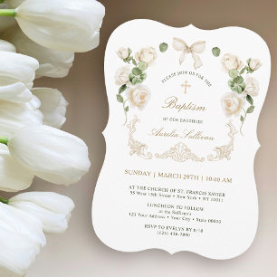 Invitación Rosas de marfil delicadas enmarcan el bautizo
