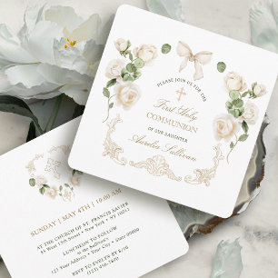 Invitación Rosas de marfil delicadas enmarcan primera comunió