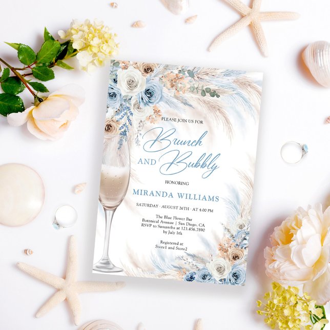 Invitación Rosas de marfil elegantes, flores azules, brunch y (Subido por el creador)